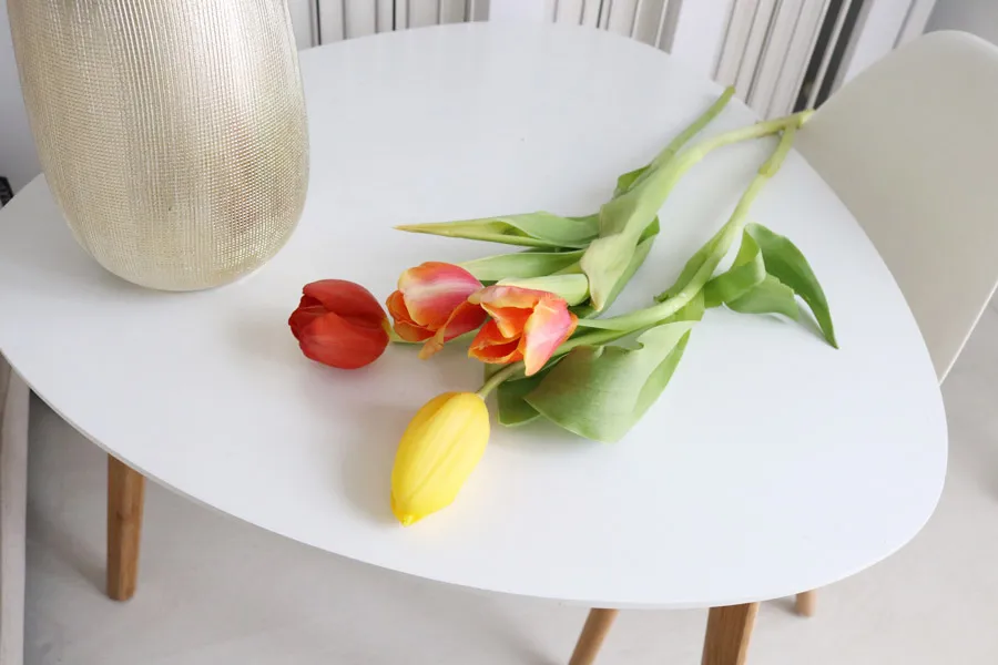 tulipanes rojos y amarillos encima de una mesa blanca
