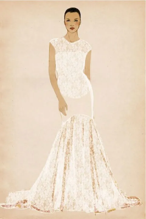 dibujo de una chica en un vestido de novia en forma sirena