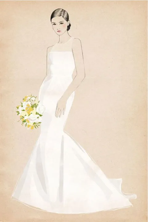 dibujo de una chica en un vestido de novia en forma de trompeta