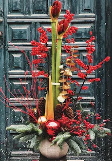 centro de navidad con amaryllis y detalles navideños
