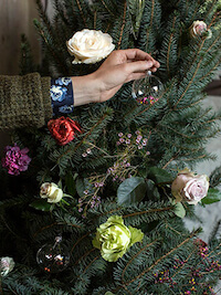 colgando una bola transparente en un arbol de navidad con flores