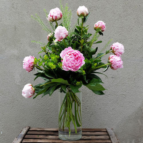 ramo de peonias rosas con thlaspi y blupernum en jarron